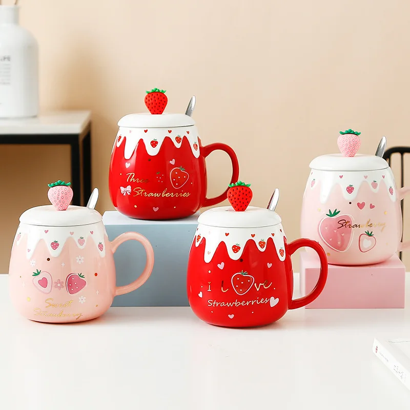 

450ml Pink Red Cute Fruit Strawberry Ice Cream Ceramic Cup Home Office Pot Belly Mugs Milk Coffee Juice Mugs with Lid with Spoon