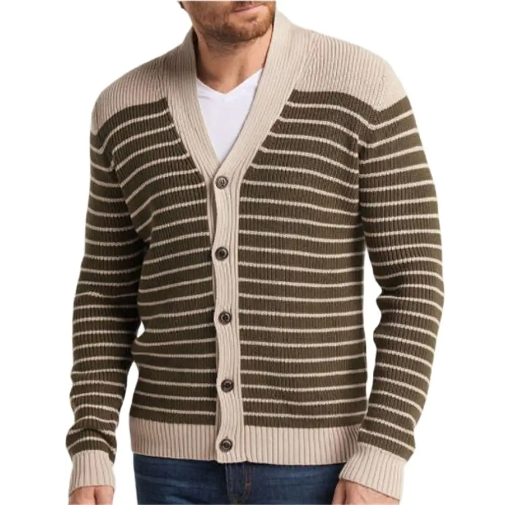 

Autumn/Winter Europe-USA Style Knit Outerwear Men V-Neck Striped Jacquard Pattern Splicing Single-Breasted Straight Type Sweater