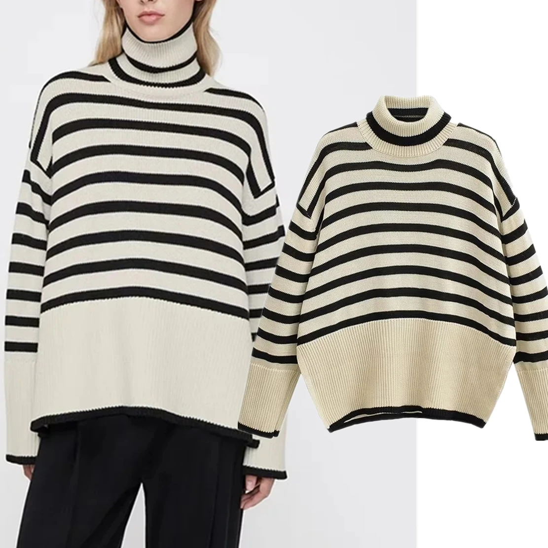 

Maxdutti French Style Retro Turtleneck Striped Sweaters Loose Drop Shoulder Pullovers Sweaters Women Tops