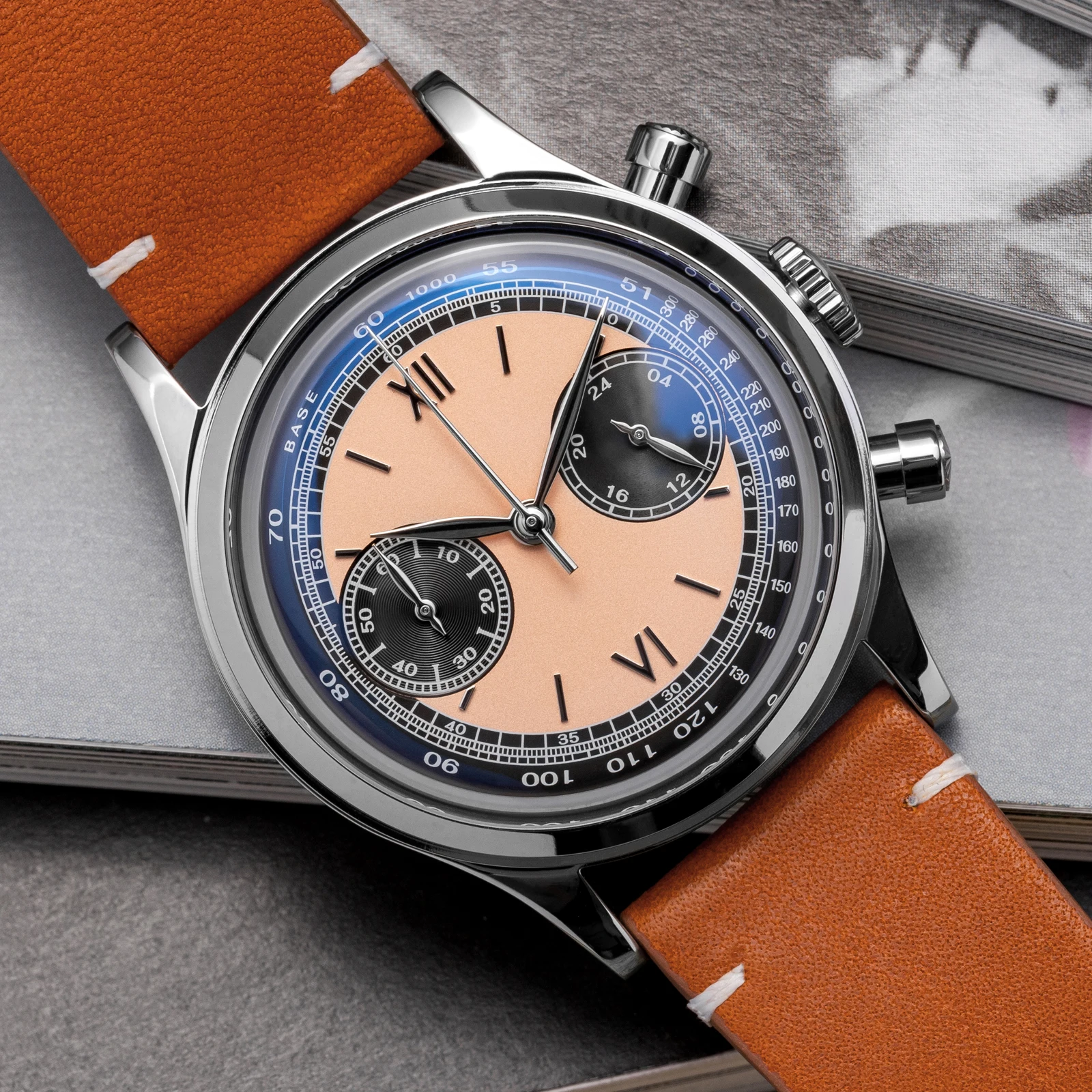 Мужские кварцевые часы с хронографом кожаным ремешком 100 м