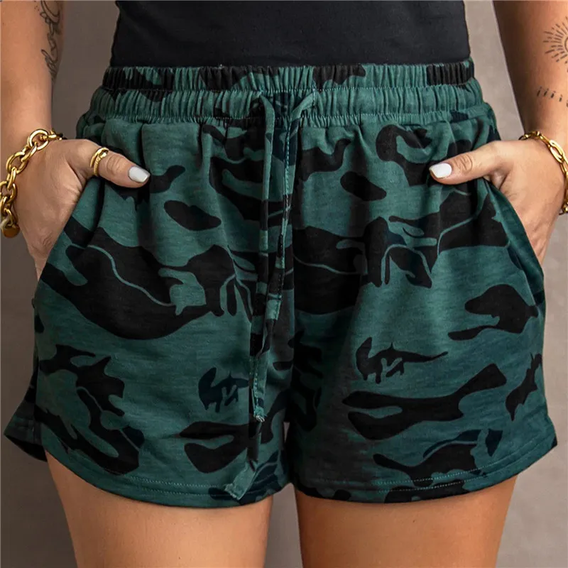 

Fashion Women High Waist Athleisure Short Camo Print Drawstring Shorts Ladies Quick Dry Elastic Loose Wide Leg Shorts 2022