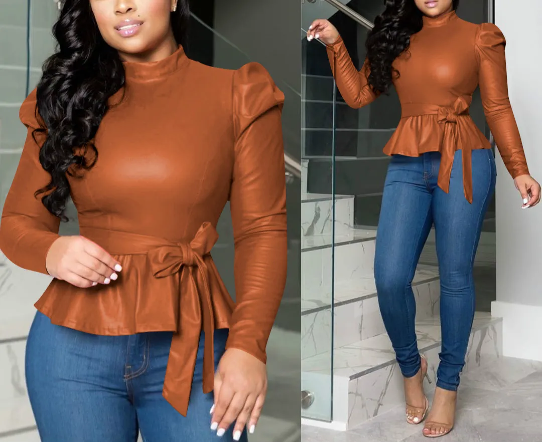 

Women Bonded Leather Long Sleeve Slim Solid Pullover High Street Tops Cool Mulit-Colors Locomotive Style T-Shirt with Sashes
