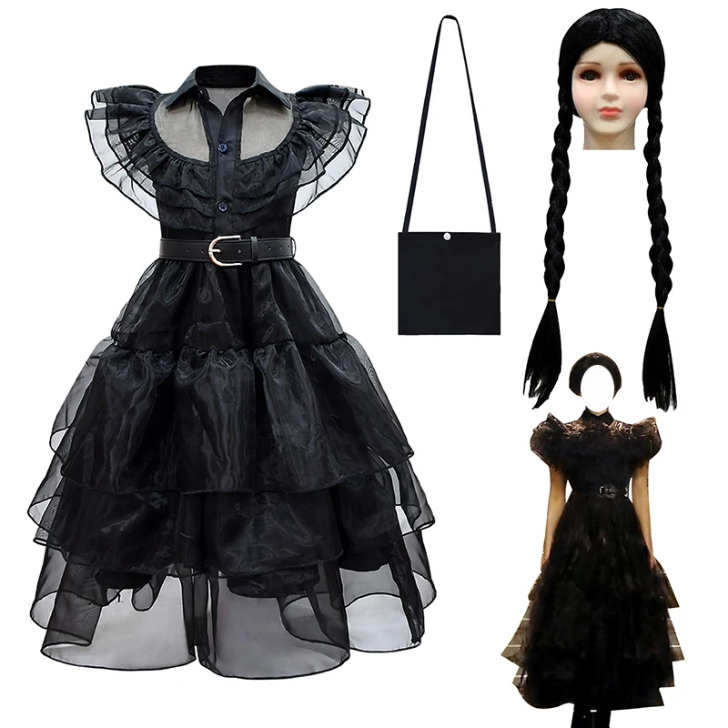 

Wednesday Addams Cosplay Girl Costume 2023 New Baby Girl Clothes Vestidos Girls Mesh Party Dresses Set Carnival Costumes 4-12Y