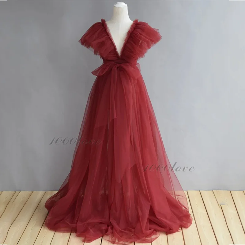 Dark Red Maternity Dresses Cheap Long Sleeve V Neck Pregnant Gown for Photoshoot Boudoir Lingerie Bathrobe Nightwear Baby Shower