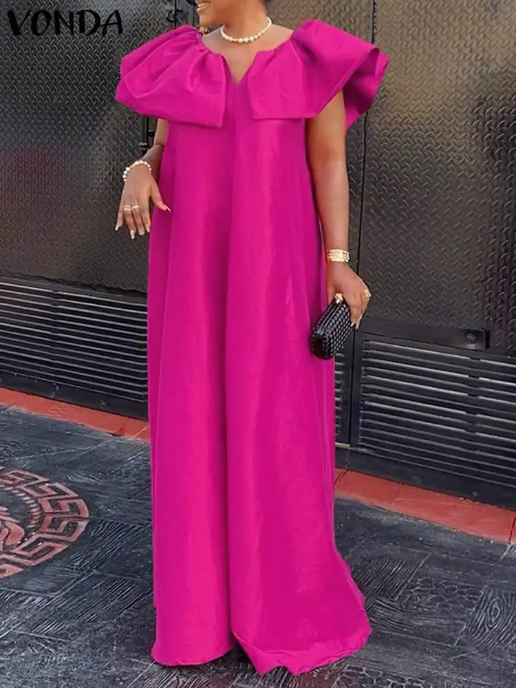 

Элегантное Длинное Платье VONDA в богемном стиле с оборками женский сексуальный летний сарафан без рукавов с V-образным вырезом однотонные повседневные Длинные платья