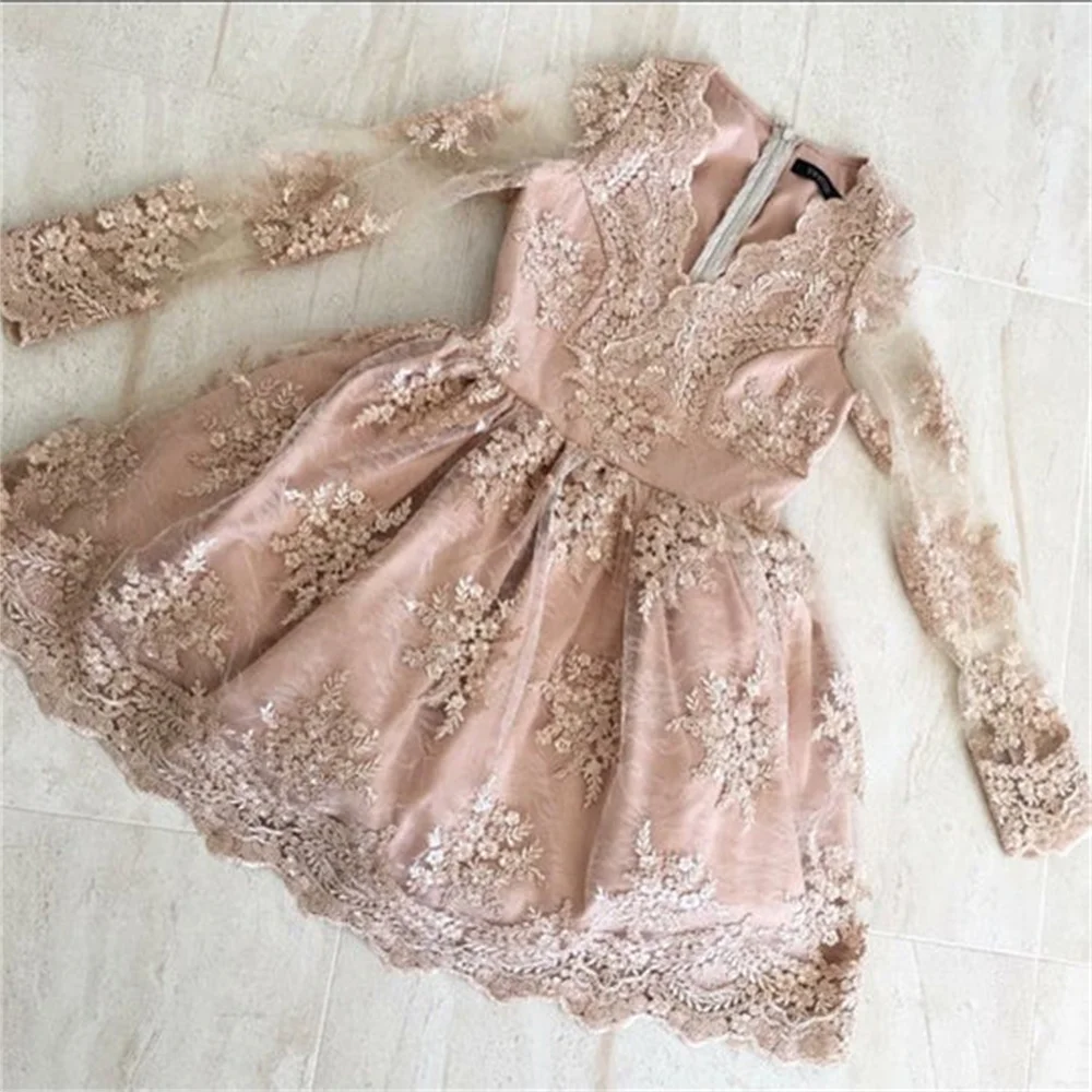 

Long Sleeve Lace Applique Pink Short Dress Women's Cocktail Dress Knee Length V Neckline Birthday Party Prom Dress vestidos de