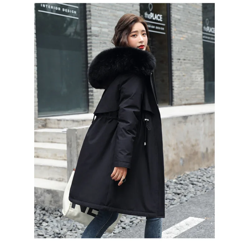 2023 New Fashion Mid-Length Parka Women Stitching down Cotton-Padded Jacket with Fur Collar Loose Comfortable Large Size Coat