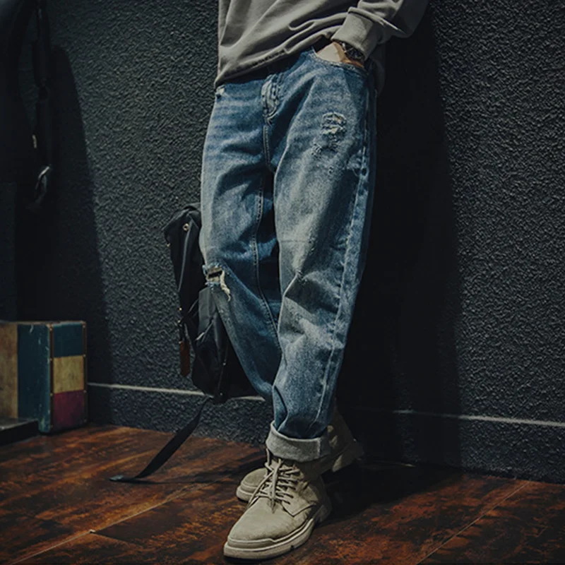 Men Clothing Autumn and Winter New Straight Loose Cylinder Jeans Vintage Chaopai Comfortable Blue Ripped Harun Trousers Female