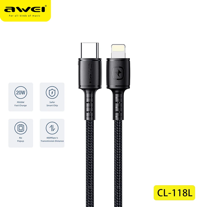 

Awei CL-118L PD 20W Super Charging Cable 1M Fast Charging Cable Type-C to Lightning Data Cable For iPhone 13 11 12 Pro Max ipad