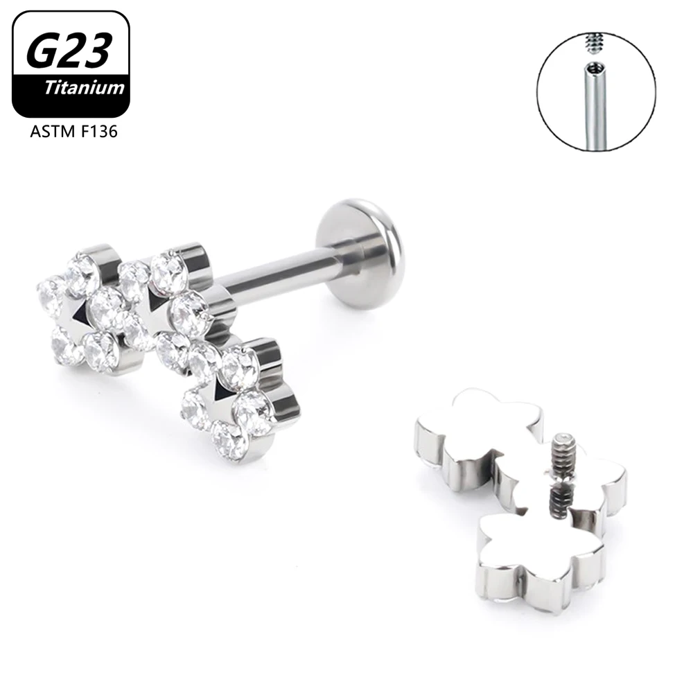 

Titanium Piercing Internally Threaded Tragus Monroe Cartilage ASTM F136 G23 CZ Triple Flower Floral Stud Earrings Body Jewelry