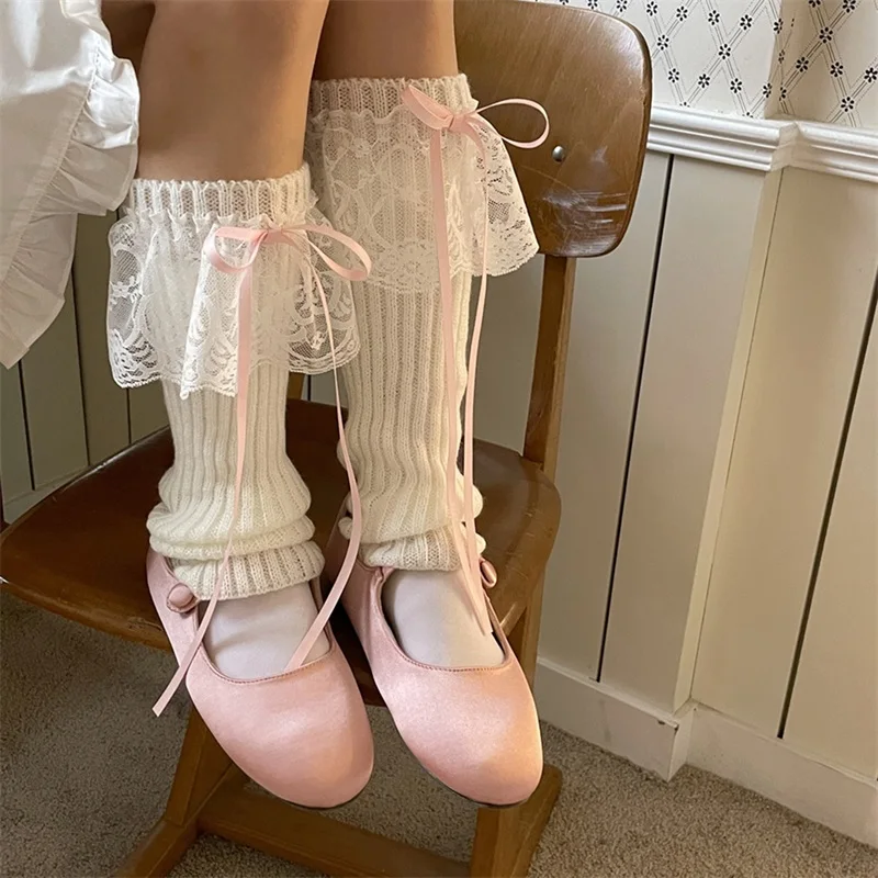 

Knit Leg Warmers y2k Fairycore Grunge Ribbed Below Knee Leg Warmers Mid Tube Lace Bow Socks Accessories for Women