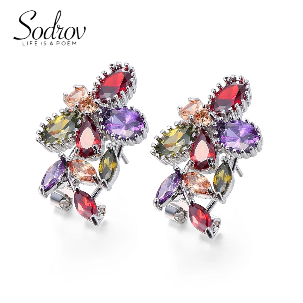 SODROV Роскошные радужные ювелирные изделия красочные кристаллы циркония серьги для женщин цветок Клипсы Серьги