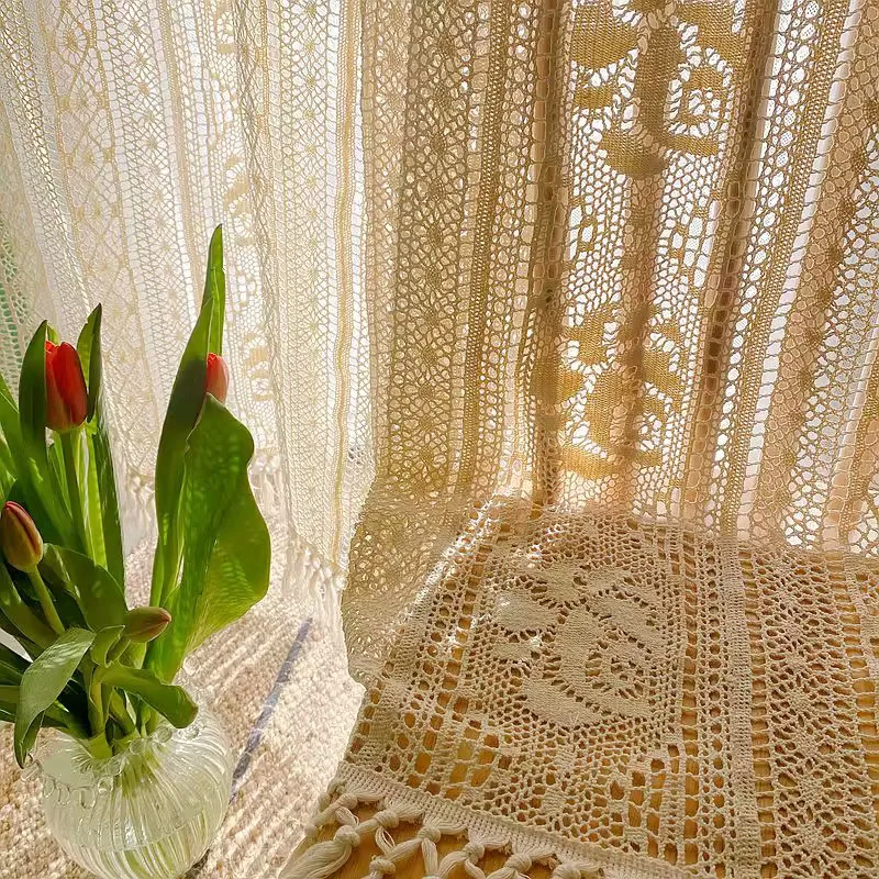

American Country Retro Art Crochet Curtains Rose Floral Fringed Tulle Curtain For Home Farmhouse Terrace Decor Handmade Custom