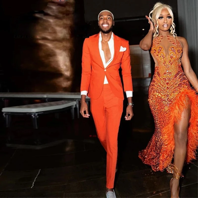 

Новейший оранжевый приталенный костюм для жениха, одежда из двух предметов, свадебные смокинги с одной пуговицей, с заостренным лацканом, мужской свадебный костюм для выпускного вечера