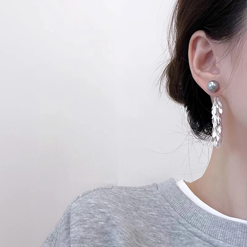 French Sparkling Wheat Tassel Gray Pearl Classy Stud Earrings for Women Dual-Wear Sle Eardrops Fancy |