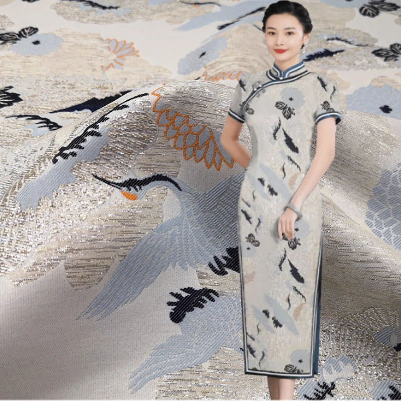 

Jacquard Brocade Fabric Chinese Style Golden Silk Crane Dress Trench Coat Tang Suit Fashion Diy Sew Material Per Meter