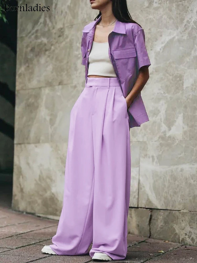 

Bornladies Лавандовые шикарные плиссированные женские брюки палаццо с высокой талией широкие брюки в пол 2022 Женские Брюки с карманами однотонные