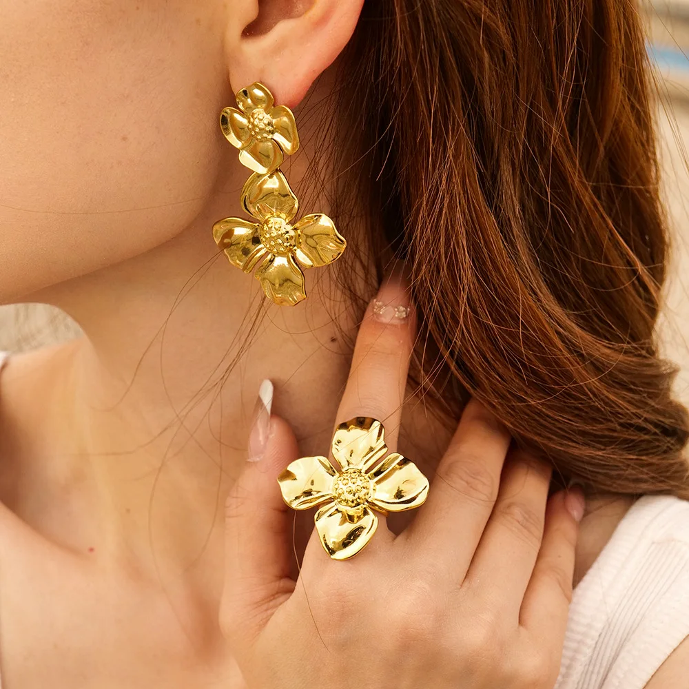 

18K Gold Plated Double Flower Dangle Earrings Vintage Exaggerated Floral Ring Jewelry Statement Birthday Gift for Her