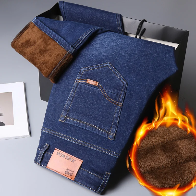 

Классические повседневные зимние новые деловые повседневные мужские прямые джинсы флисовые плотные теплые облегающие хлопковые Стрейчевые брюки со средней талией