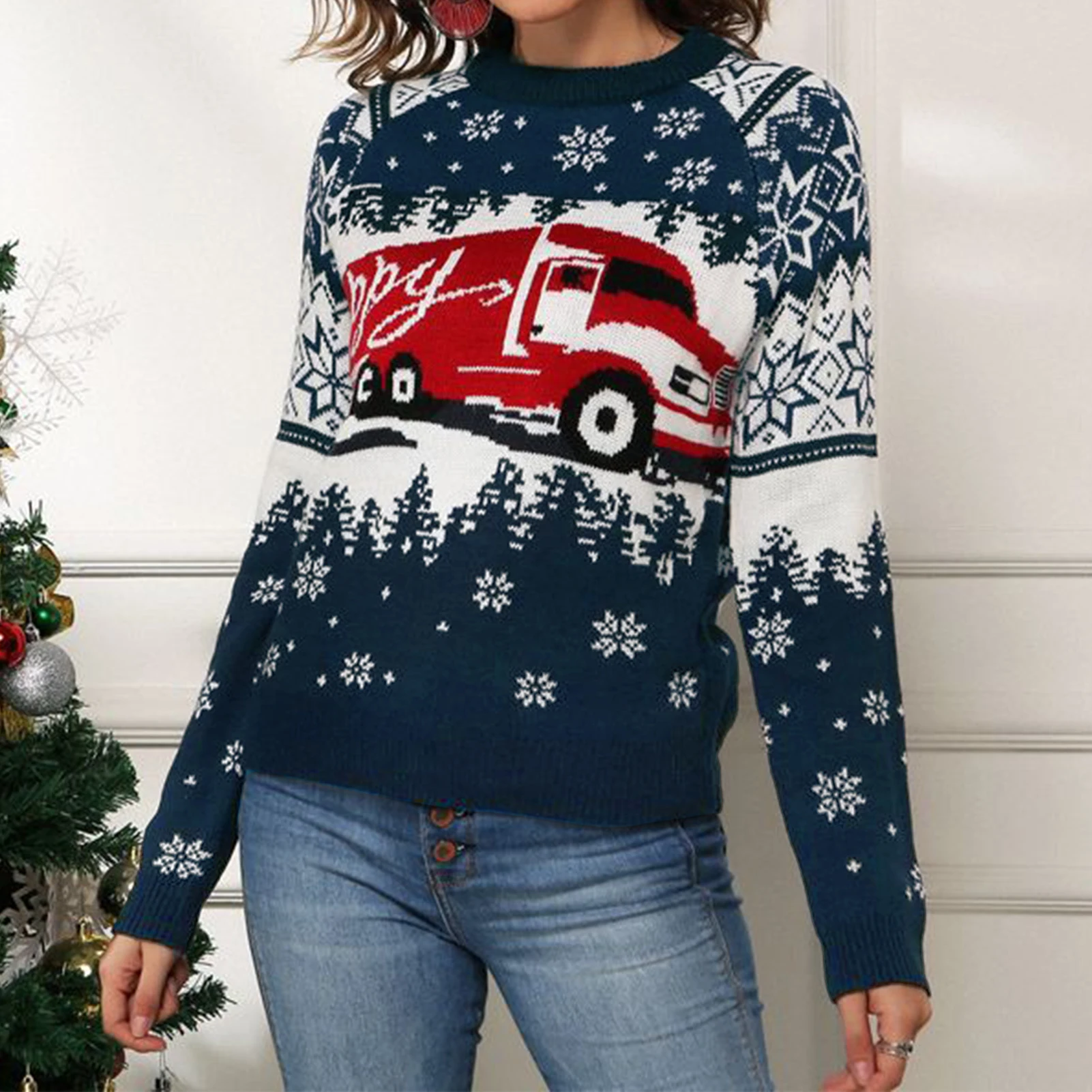

Women Snowflake Truck Pattern Knitwear Sweater Loose Fit Navy Blue Jumpers Long Sleeve Crew Neck Christmas Style Vacation Outfit