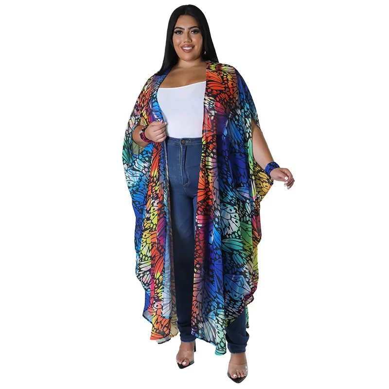 Plus Size Women Clothing Large Women's Coat Chiffon Printed Fashion Casual Shawl Cardigan Clothing Long Outwears Female Clothes