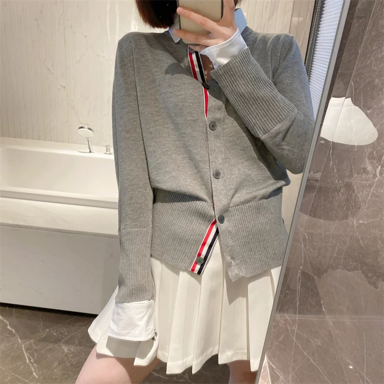 Spring and autumn college style TB wool sweater stitching shirt fake two-piece lapel casual cardigan sweater jacket