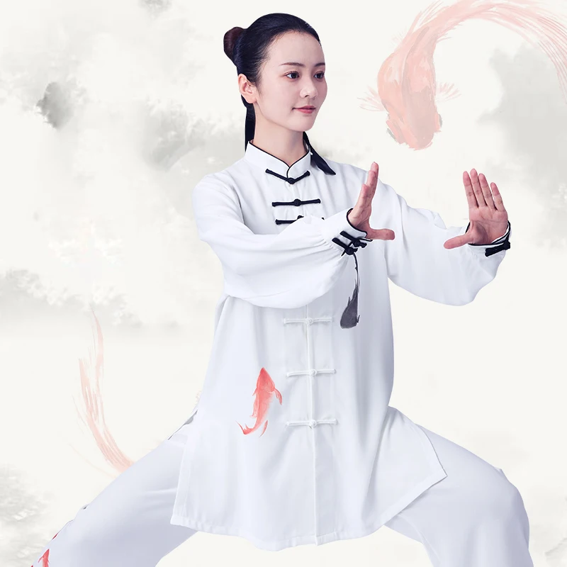 Kung Fu Tai Chi Clothing Martial Arts Clothes Taijiquan Wushu Uniform Wing Chun White Hand Painted Koi 2022 New Style