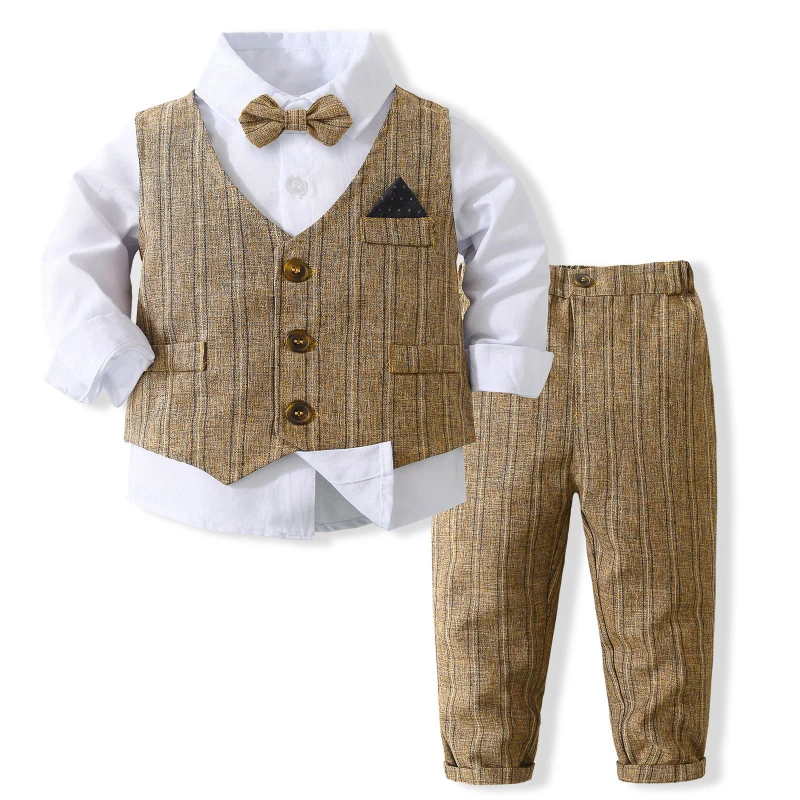 New Kids Boy Gentleman Clothing Set Long Sleeve Shirt+Waistcoat+Pants and Bow Tie   Boy Outfits for Wedding Party Dress Outfits