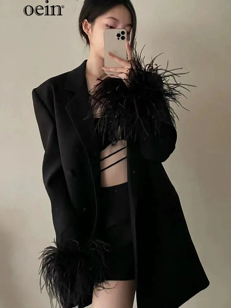 [Яоин] Женская шуба из страусиного меха тяжелой промышленности 2024 осенний дизайн