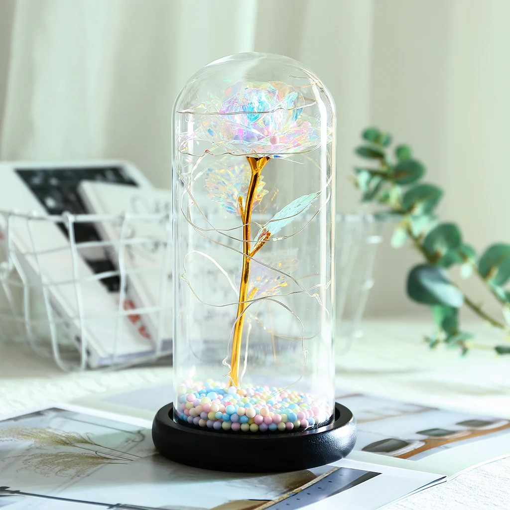 

Valentines Day Gift Gold Foil Rose Flower Led Light with Fallen Petals in Glass Dome on Wooden Base Best Gifts for Mothers Day