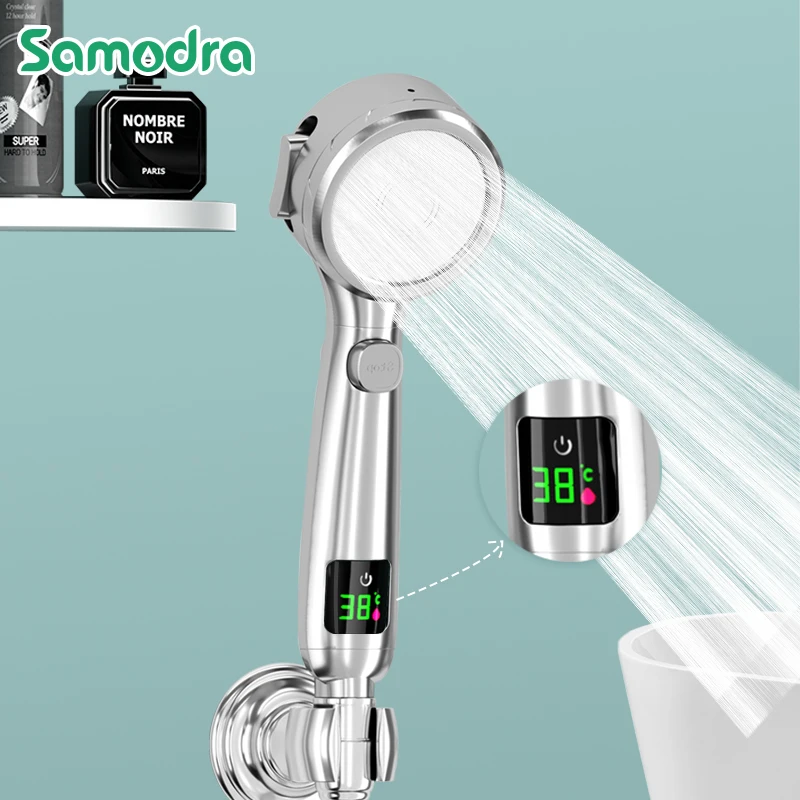 Samodra Temperature Display Shower Head Handheld No charging Required Bathroom High Pressure Water Saving 4 Modes Shower Head