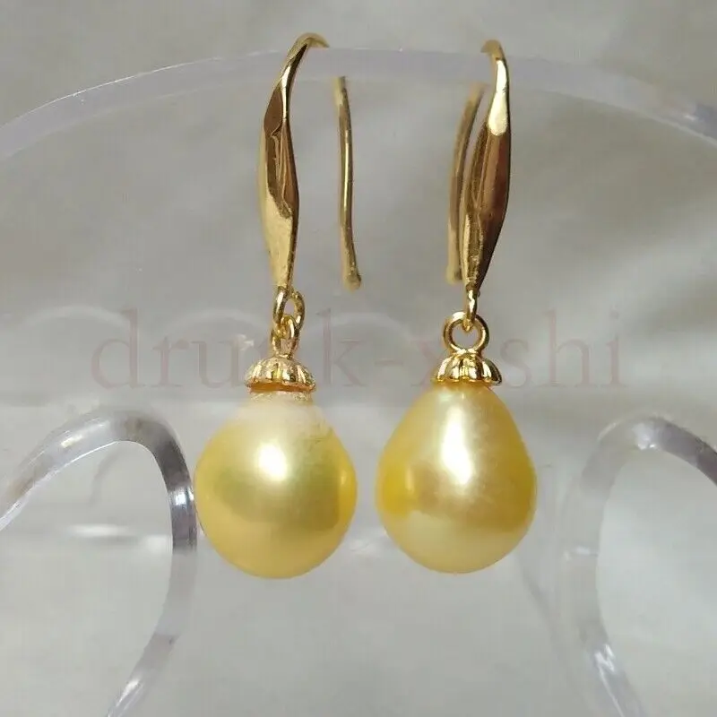 

8-10mm Teardrop South Sea Golden Yellow Real Pearl Dangling Earrings