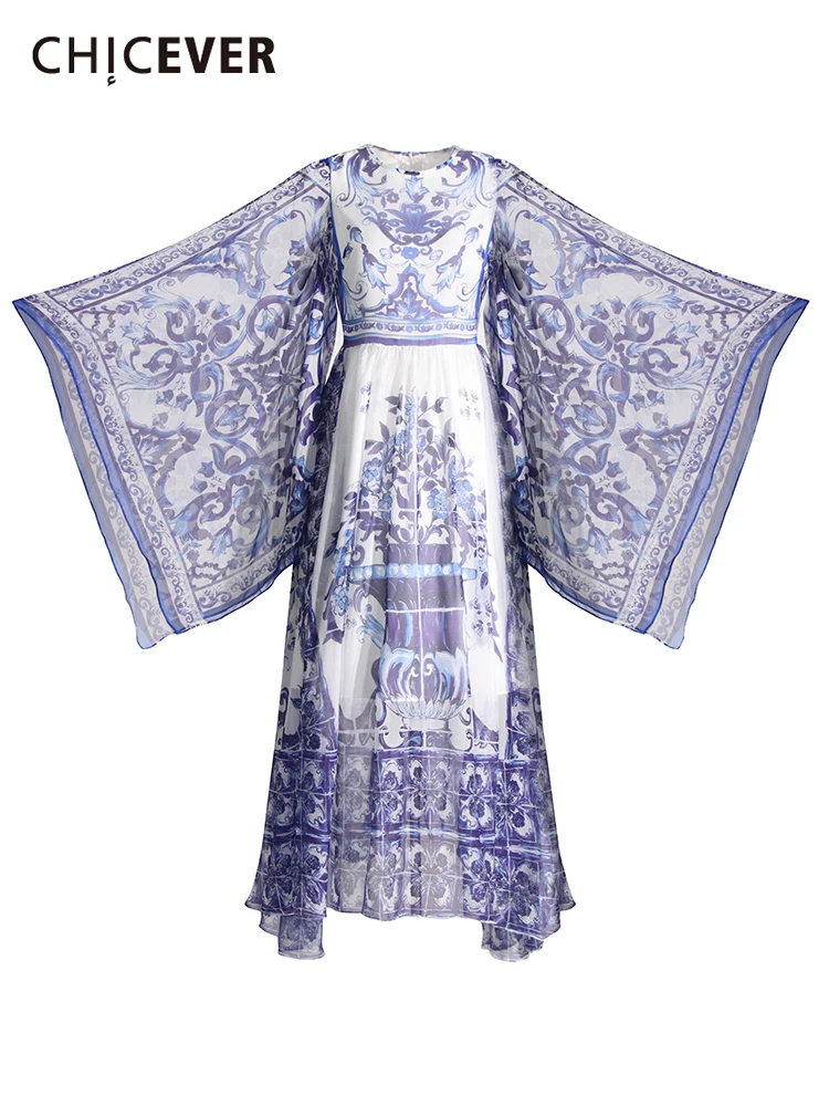 

CHICEVER Print Dresses For Women Round Neck Long Sleeve High Waist Vintage Casual Dress Female Summer Fashion Clothing 2022 New