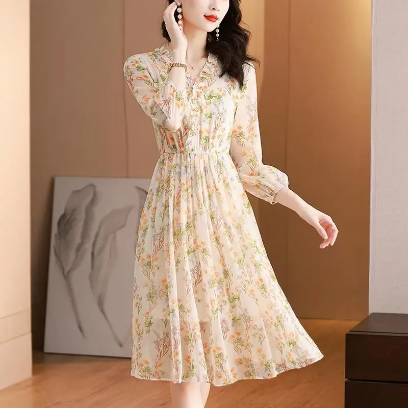 Chiffon Floral Dress Women Spring Summer New Fashion Style V-neck Splicing Stitching for Slim Mid-length Fashion Summer Dress