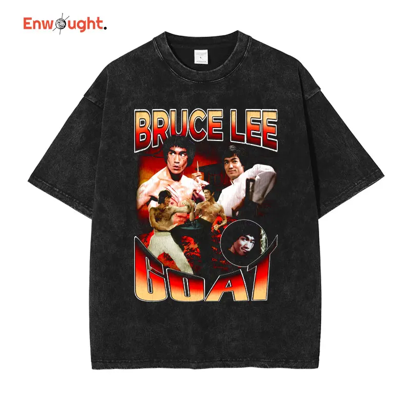 

Bruce Lee T Shirt Chinese Kung Fu Martial Artist Tops Tees Vintage Washed Short Sleeve Oversized T-shirt Streetwear Men Cotton