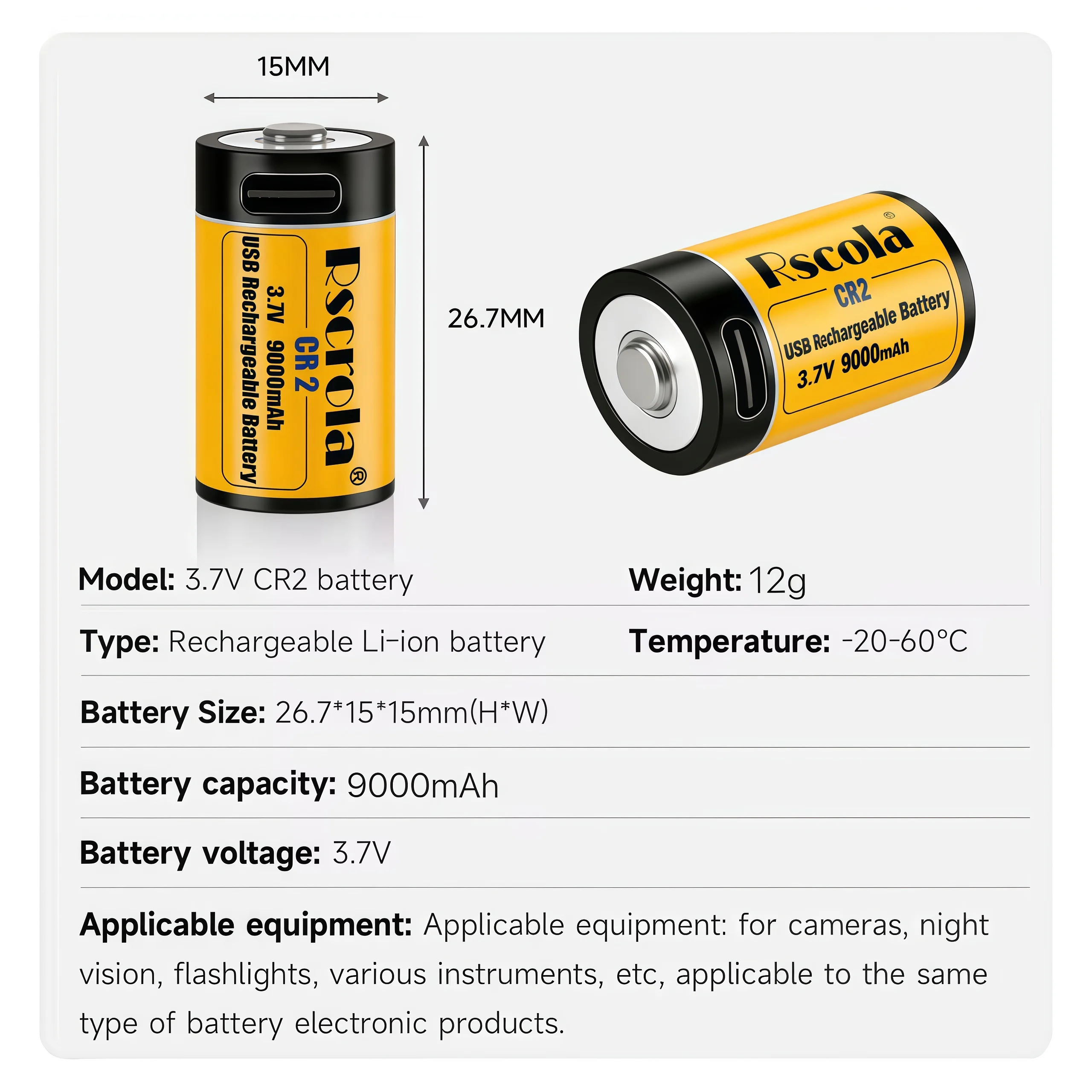 Фото Долговечная перезаряжаемая литиевая батарея CR2 3.7V с зарядкой через USB для фонарика, умного дверного звонка, охранной сигнализации №2