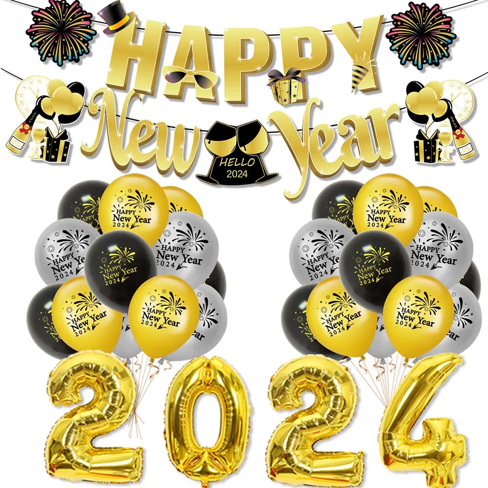 

2024 New Year Party Balloon Set Decoration Disposable Banner Balloons Happy New Year Balloon Set Photo Booth Props Supplies