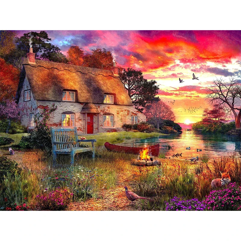 

5D DIY Diamond Painting Sunset Hut River Flower Landscape Full Round Mosaic Diamond Embroidery Cross Stitch Kit Home Decor Gift