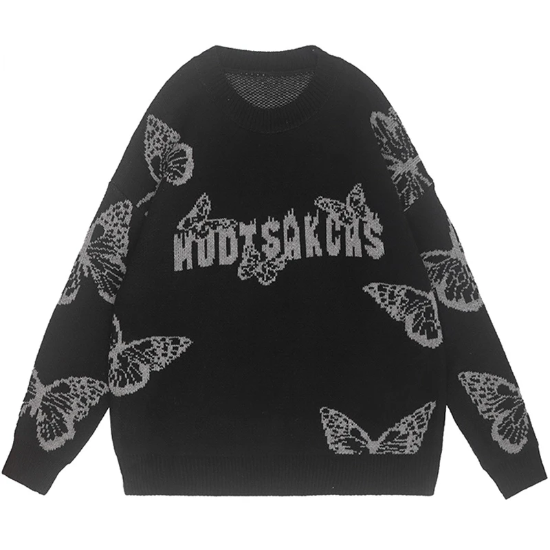 

Men Harajuku Butterfly Print Sweater Hip Hop Oversized Knitwear Casual Streetwear Thin Pullover Sweaters Women Black Autumn Tops