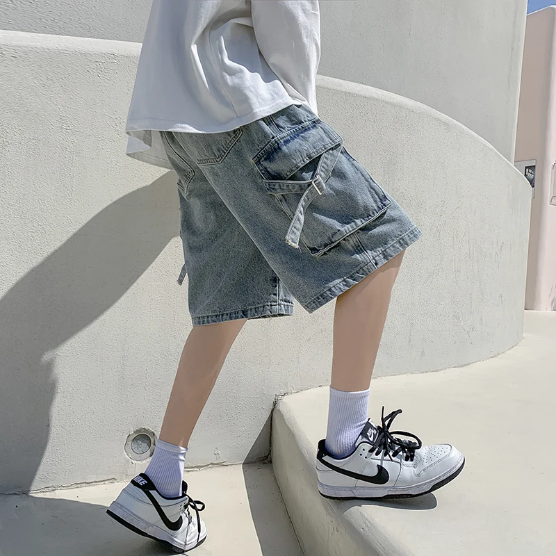 EOENKKY/2022 Summer Men'S Denim Shorts Casual Fashion Loose Stretch Jeans large pocket cargo pants Men