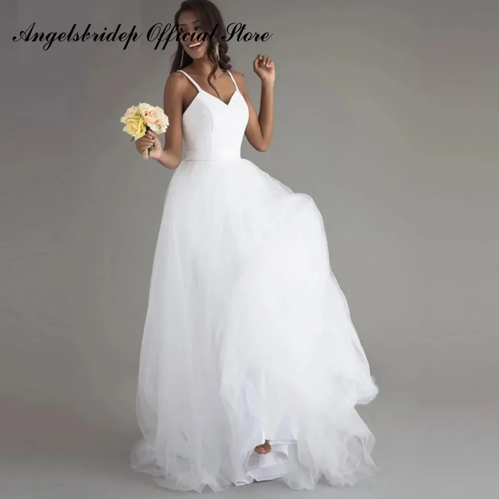 

Simple Beach Wedding Dresses Spaghetti Straps Sweetheart Tulle And Satin Floor Length Bridal Gowns Robe de mariage