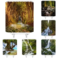 forest waterfall shower curtain natural scenery tropical jungle trees stone water plant bath curtains waterproof fabric bathroom