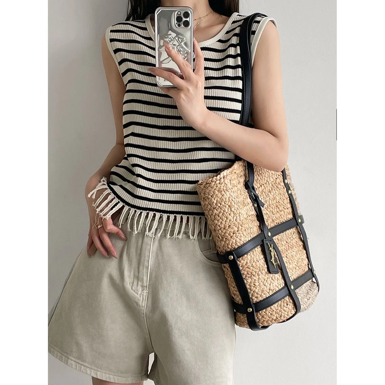 

Женский трикотажный топ с кисточками, в полоску, без рукавов, свободные короткие топы в Корейском стиле, лето 2023