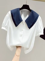 white chiffon blouses women tops 2022 summer short sleeve peter pan collar shirts for woman korean clothing patchwork blusa top