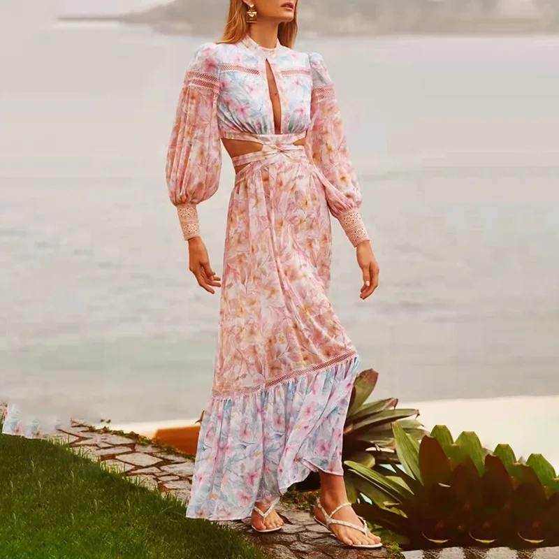 

Pink Printing Seaside Vacation Elegant Dress 2022 Spring And Summer New Small Crushed Blonde Cleaning High Waist Dress