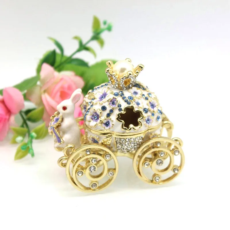 Bunny Pumpkin Carriage with Flowers Jewelry Trinket Box Hinged Hand-Painted Enamel Ornaments Gift for Home Decor