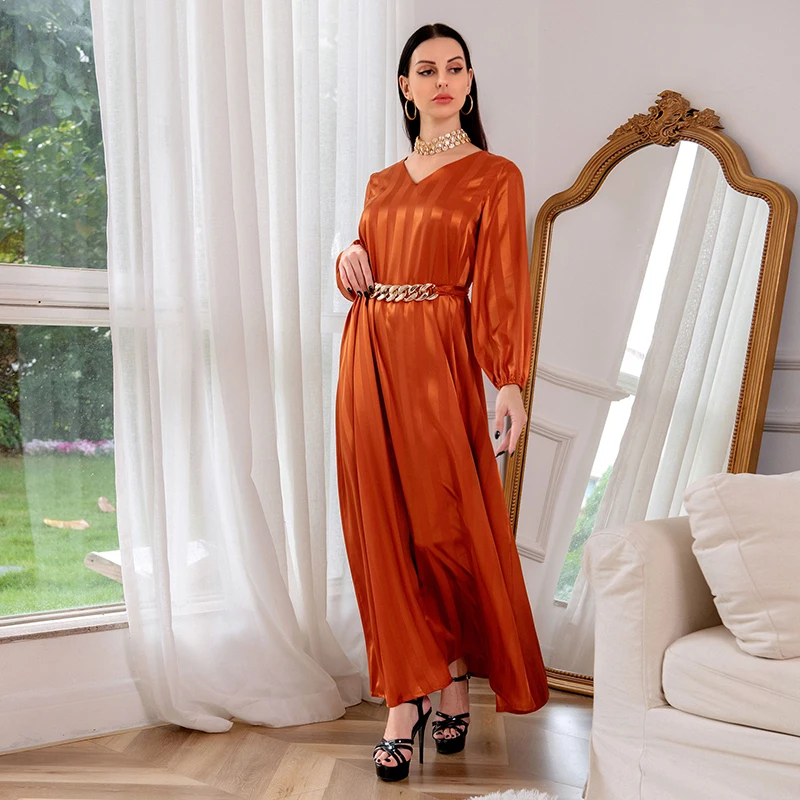 Stripe Long Dress Abaya Muslim Woman Dubai V Neck Jacquard Ramadan Kaftan Islamic Turkish Arabic Algerian Evening Dresses Turkey