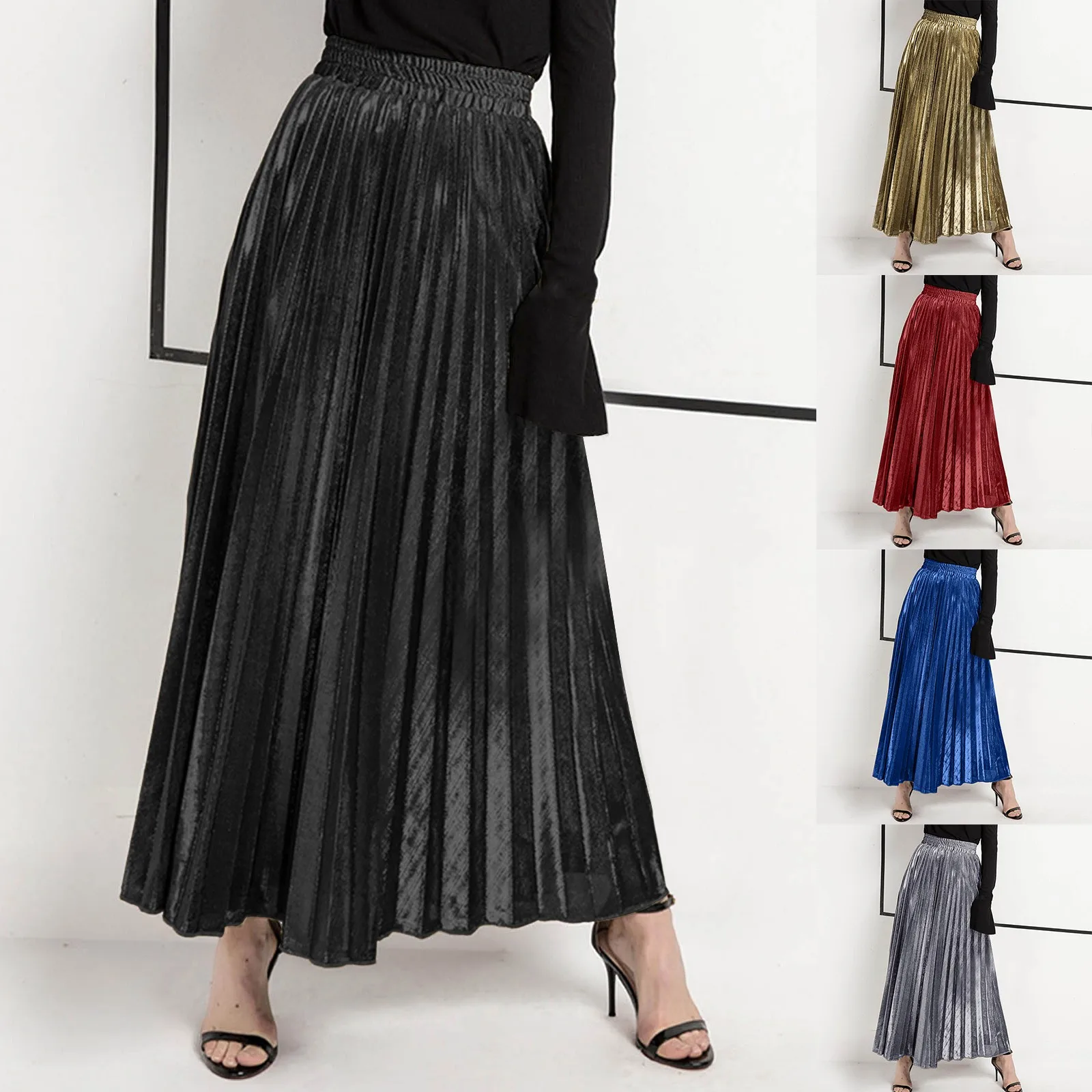 

Spring And Summer New Pleated Skirt Long Skirt European And American Large A Line club Evening party dress Streetwear Retro