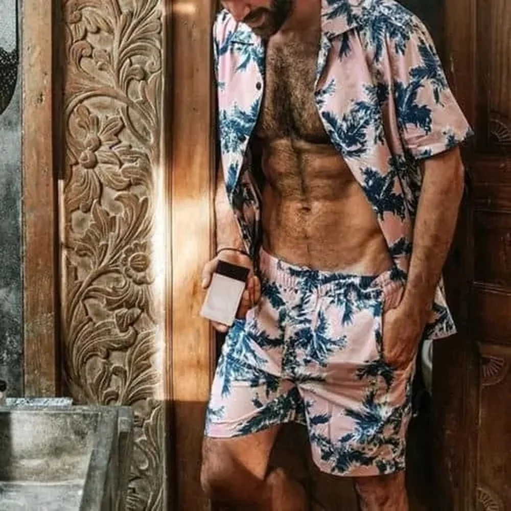 

Men's Casual Beach Two-Piece Sao Pink Leaf Short Sleeve Suit
