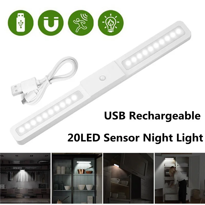 

20 LED Night Light USB Rechargeable Infrared PIR Motion Sensor Light Lamp For Cabinet Closet Wardrobe Stair Kitchen Bedroom